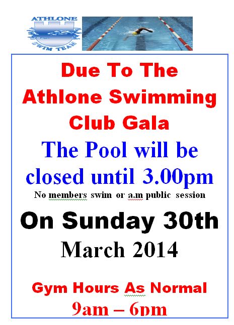 Swimming in Athlone| Timetable Change| Sunday 30th March no public Swim