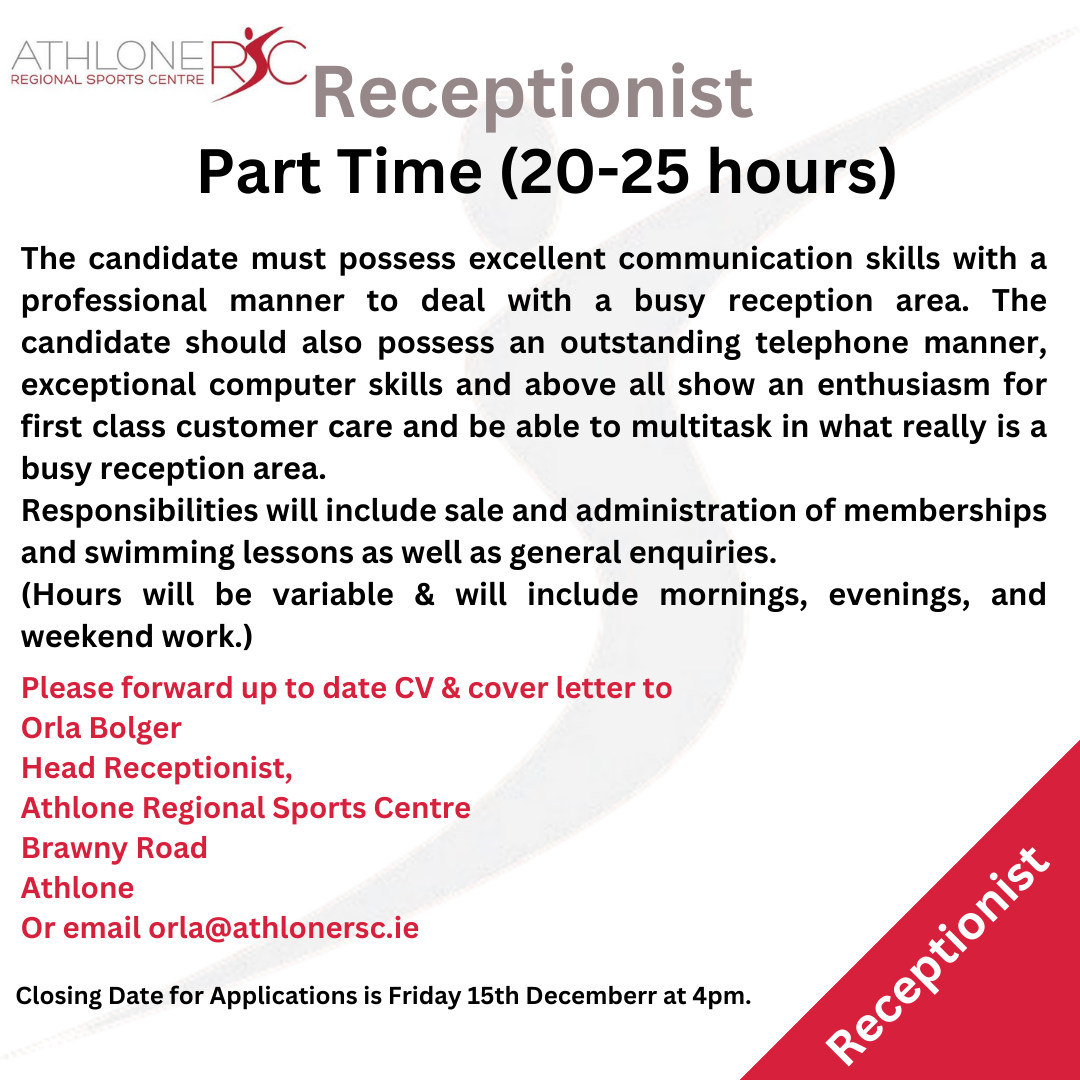 P/T Receptionist Athlone Sports Centre
